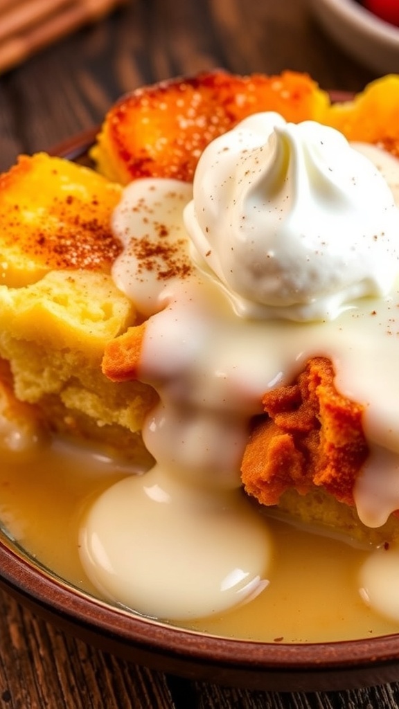 A warm bowl of tres leches bread pudding with whipped cream and cinnamon on a rustic table.
